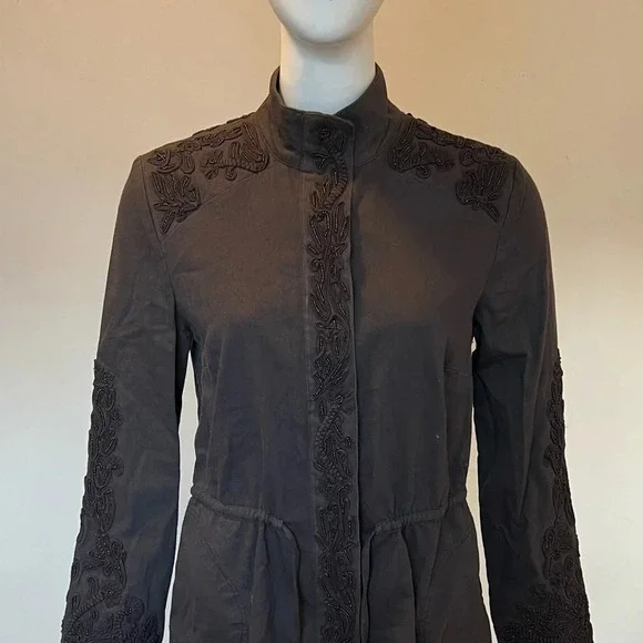 Anthropologie Love Sam XS Khaki Travis Beaded 100% Cotton Utility Jacket - Picture 6 of 14